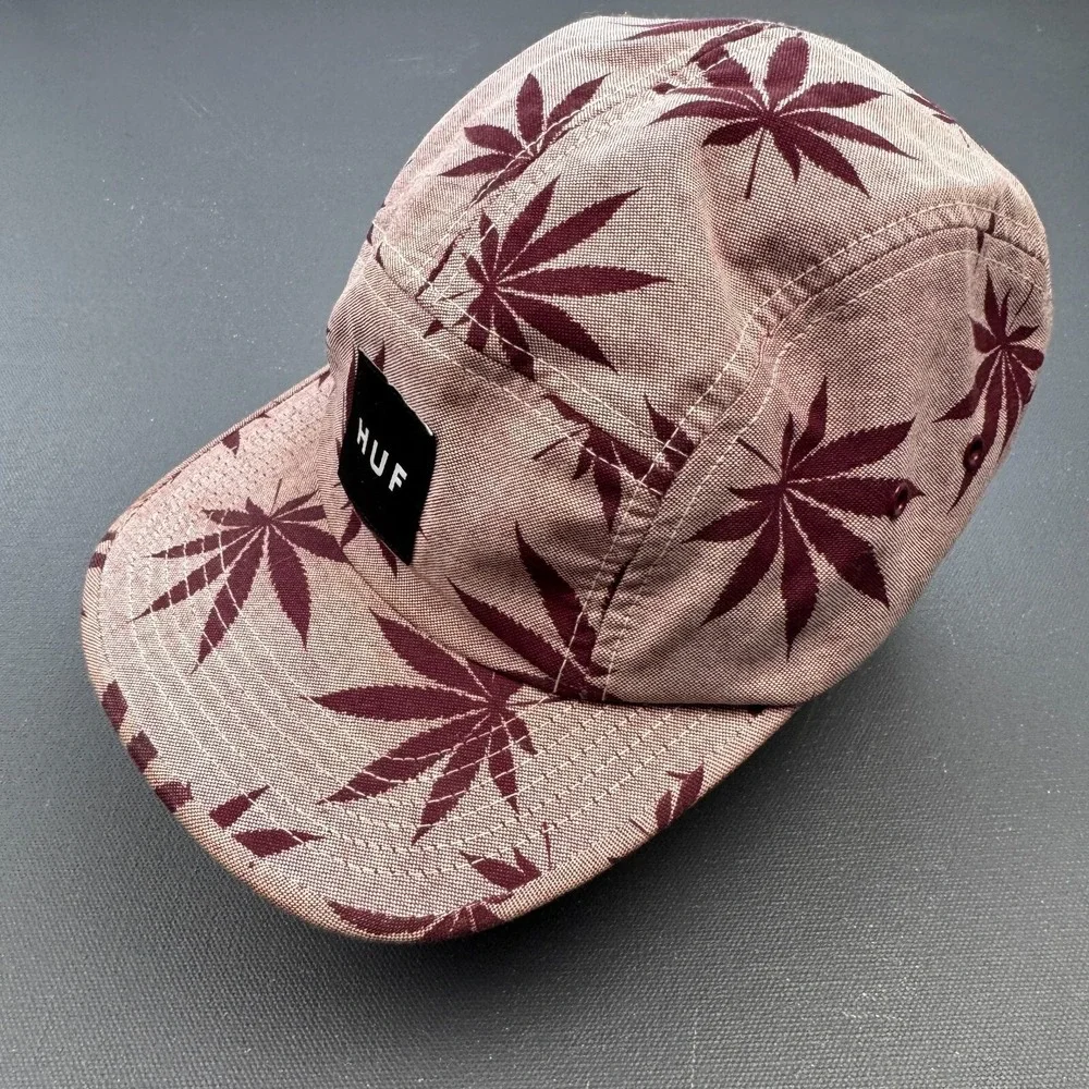 HUF 5 Panel Strapback Hat USA Leaf Print Maroon Pink Skate Streetwear Cap Y2K